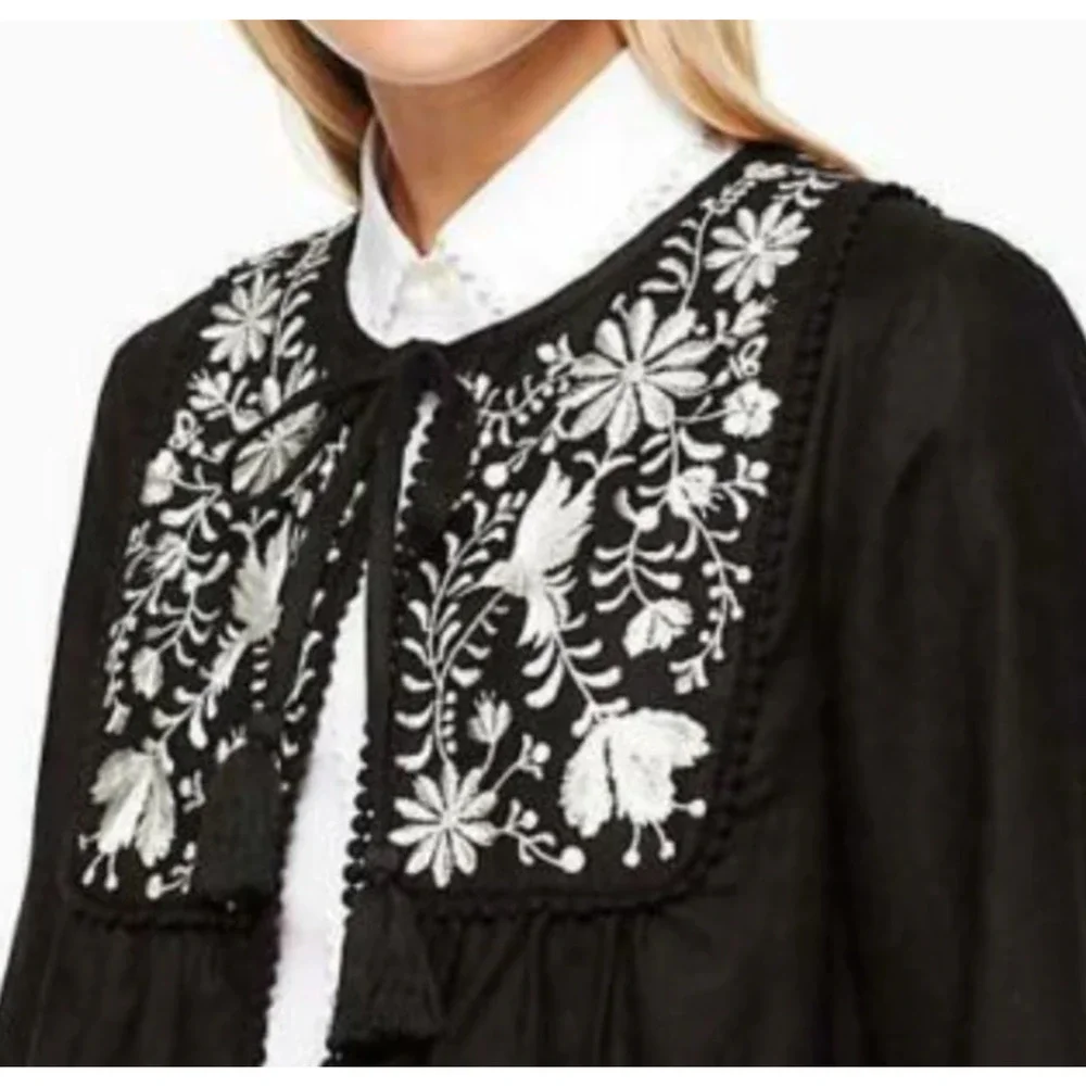Kate Spade Black Linen Blend Crop Jacket Floral Embroidery Womens Medium